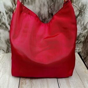 Bold Pink Large Durable Nylon Hobo Tote Bag Single Strap Everyday Multi Pockets